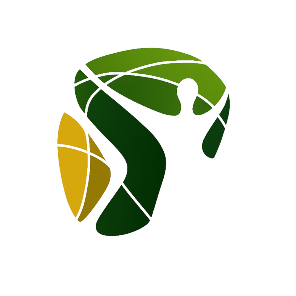 Grünes und goldfarbenes abstraktes Logo, das eine stilisierte menschliche Figur und eine Blattform darstellt.