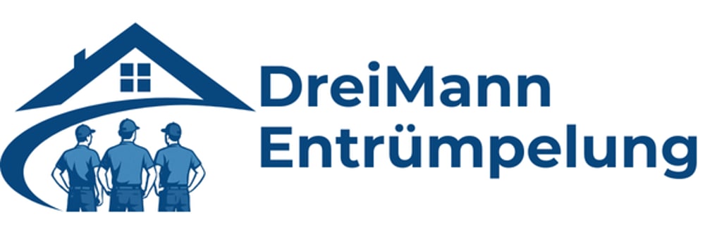Logo: DreiMann Entrümpelung, mit drei Arbeitern unter einem Hausdach-Symbol.