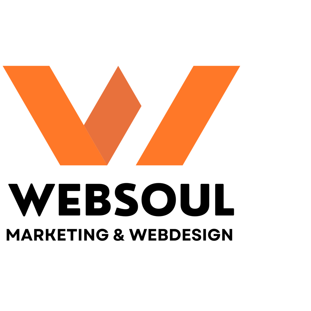Websoul Marketing & Webdesign Logo: Orangefarbenes „W“ über „WEBSOUL MARKETING & WEBDESIGN“ in Weiß.