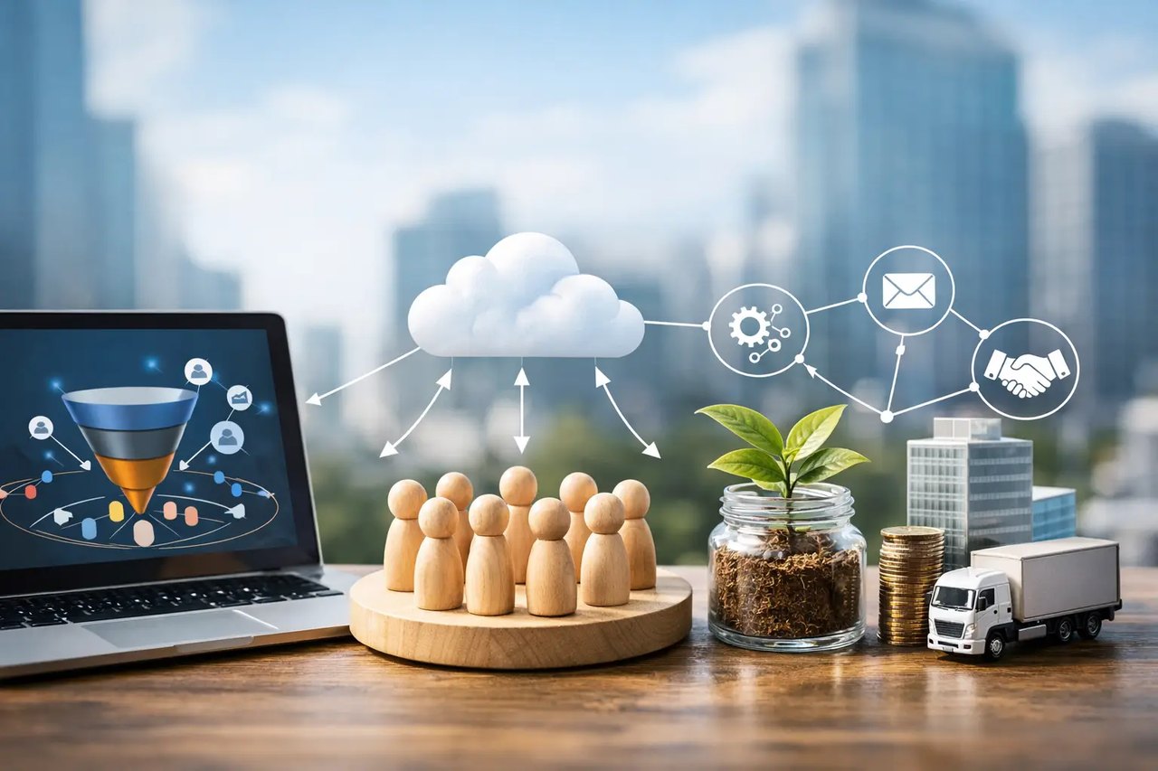 Laptop mit Sales Funnel neben Holzfiguren, einer Pflanze und Cloud-Symbolen vor einer Stadtkulisse zur digitalen Vernetzung.