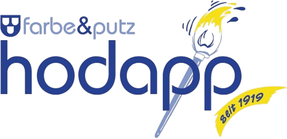 Logo "farbe & putz hodapp" in Blau, mit Pinsel und gelber Farbe sowie "seit 1919" Band.