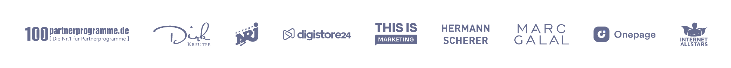 Logos aus der KlickTipp-Anbieterkommunikation: 100partnerprogramme.de, Dirk Kreuter, NRJ, Digistore24, This Is Marketing, Hermann Scherer, Marc Galal, Onepage und Internet Allstars