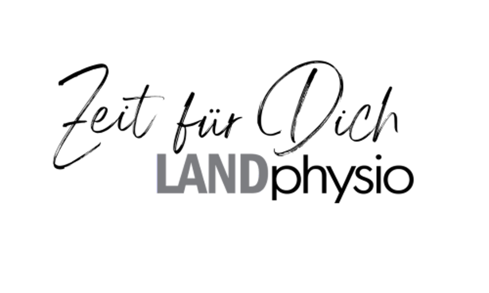Schriftzug „Zeit für Dich LANDphysio“ in Weiß auf dunkelgrünem Hintergrund.