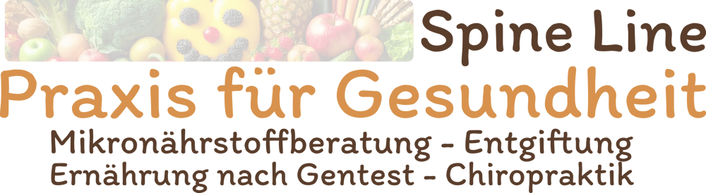 Frisches Obst und Gemüse mit dem Text "Spine Line Praxis für Gesundheit", gefolgt von Dienstleistungen.