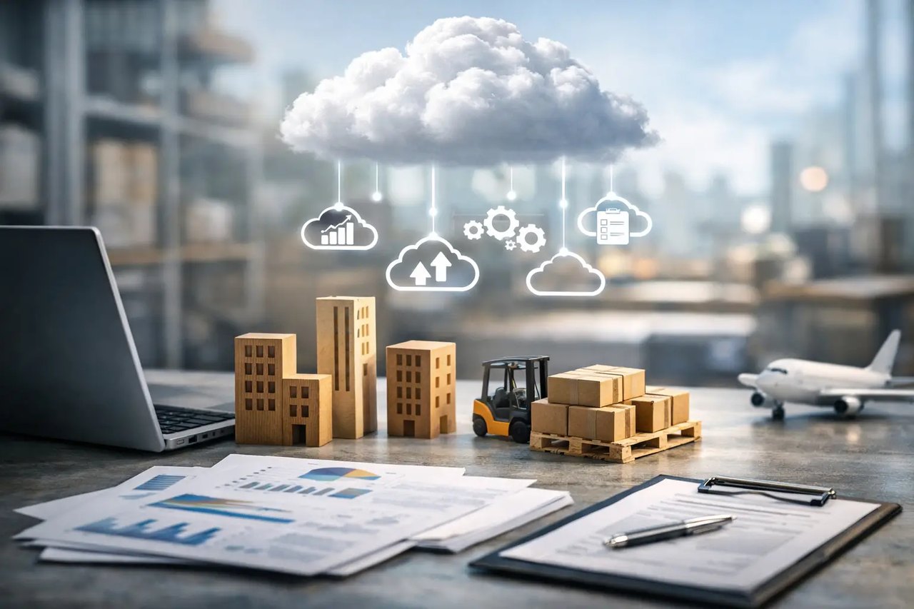 Cloud-Computing-Symbole über Miniatur-Logistikzentrum mit Gabelstapler, Paketen und Flugzeug neben Laptop und Dokumenten.