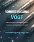 Metallrohre mit Wassertropfen und Text: ROHRREINIGUNG VOGT, PROFESSIONELLE ROHRREINIGUNG SCHNELL • ZUVERLÄSSIG • SAUBER, rohrreinigung-vogt.de.