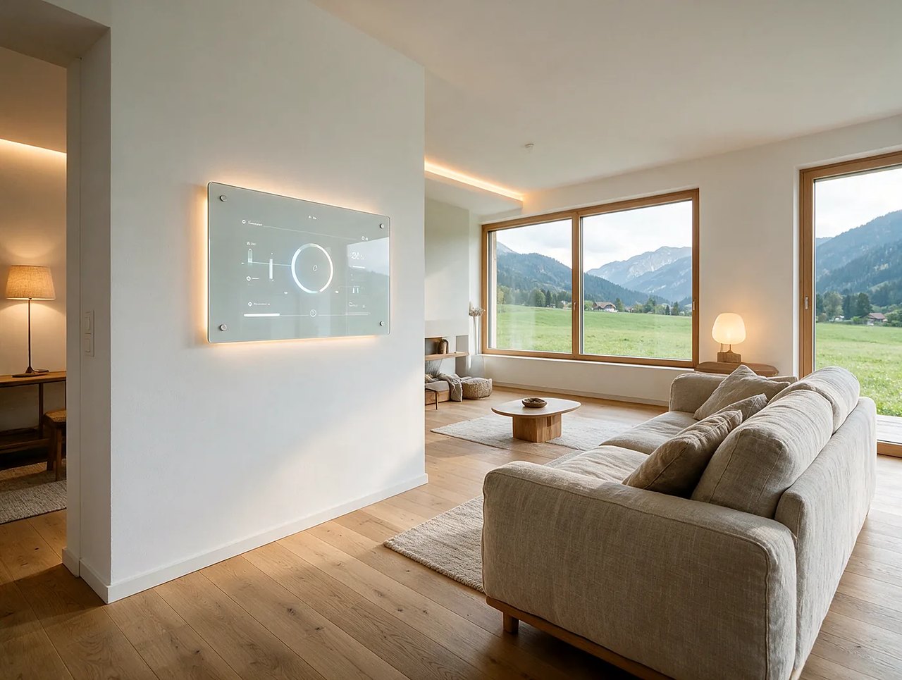 Smart-Home-Panel in einem modernen Wohnzimmer mit Bergblick