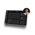 Ein schwarzes Tablet zeigt ein Dashboard mit einer Grafik und Mitarbeiteraktivitäten; rechts ein lächelndes weibliches Gesicht.