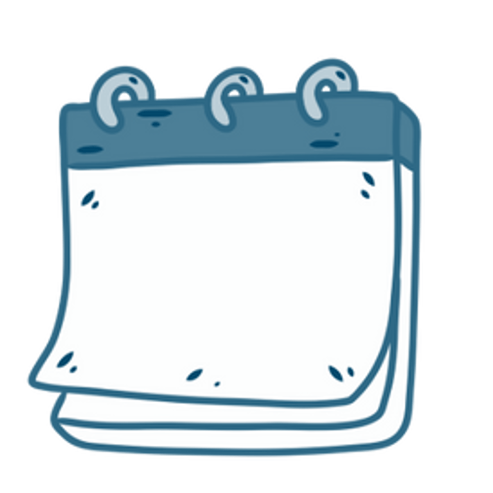 Ein skizziertes leeres Kalenderblatt mit blauer Bindung und Ringen.