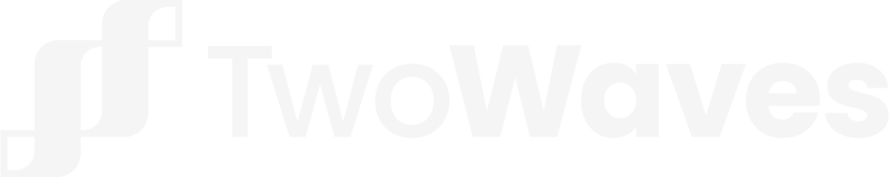 Logo von TwoWaves: Zwei vertikale, geschwungene Linien links, daneben der weiße Text "TwoWaves".