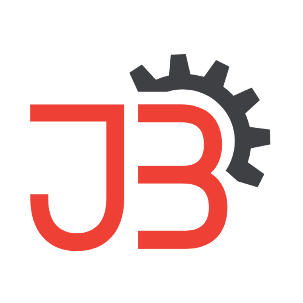 Rote Buchstaben "JB" mit einem grauen Zahnrad, das den oberen Teil des "B" bildet.