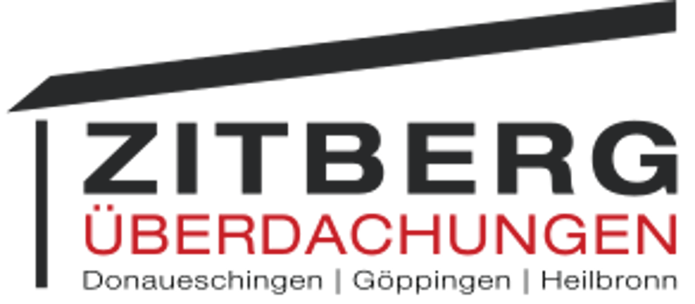 Logo: ZITBERG ÜBERDACHUNGEN mit einem Dachsymbol und den Orten Donaueschingen, Göppingen, Heilbronn.