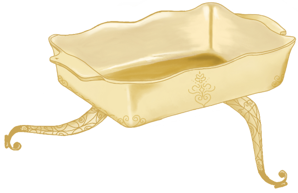 Goldene, geschwungene Schale mit Verzierungen auf zwei Beinen.