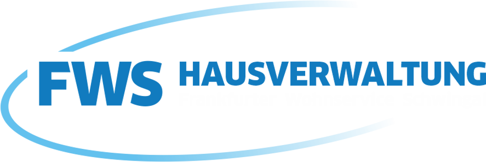 Logo: FWS Hausverwaltung Frankfurter Wohnservice Schwingall, blaue Schrift auf dunkelblauem Hintergrund mit Bogen.
