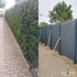 Vorher-Nachher: Eine hohe grüne Hecke und ein Gitterzaun werden durch einen modernen grauen Sichtschutzzaun ersetzt.