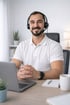 Lächelnder Mann mit Bart, Headset und weißem Poloshirt sitzt am Schreibtisch vor einem Laptop.