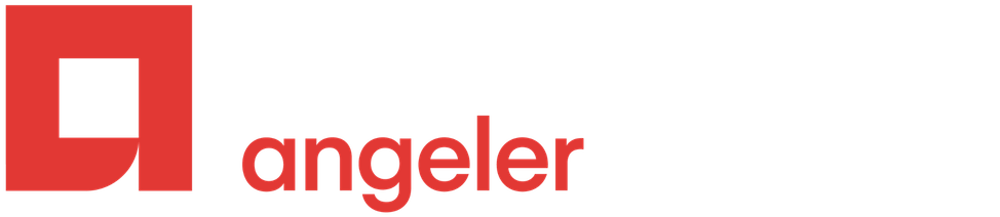 Rotes Logo mit einem quadratischen Symbol und dem kleingeschriebenen Schriftzug angeler auf schwarzem Hintergrund.