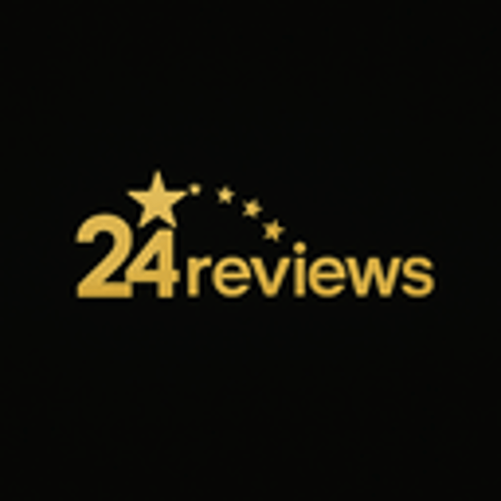 Goldener Text "24reviews" mit einer Reihe von fünf Sternen, die sich vom "4" über "reviews" erstrecken.