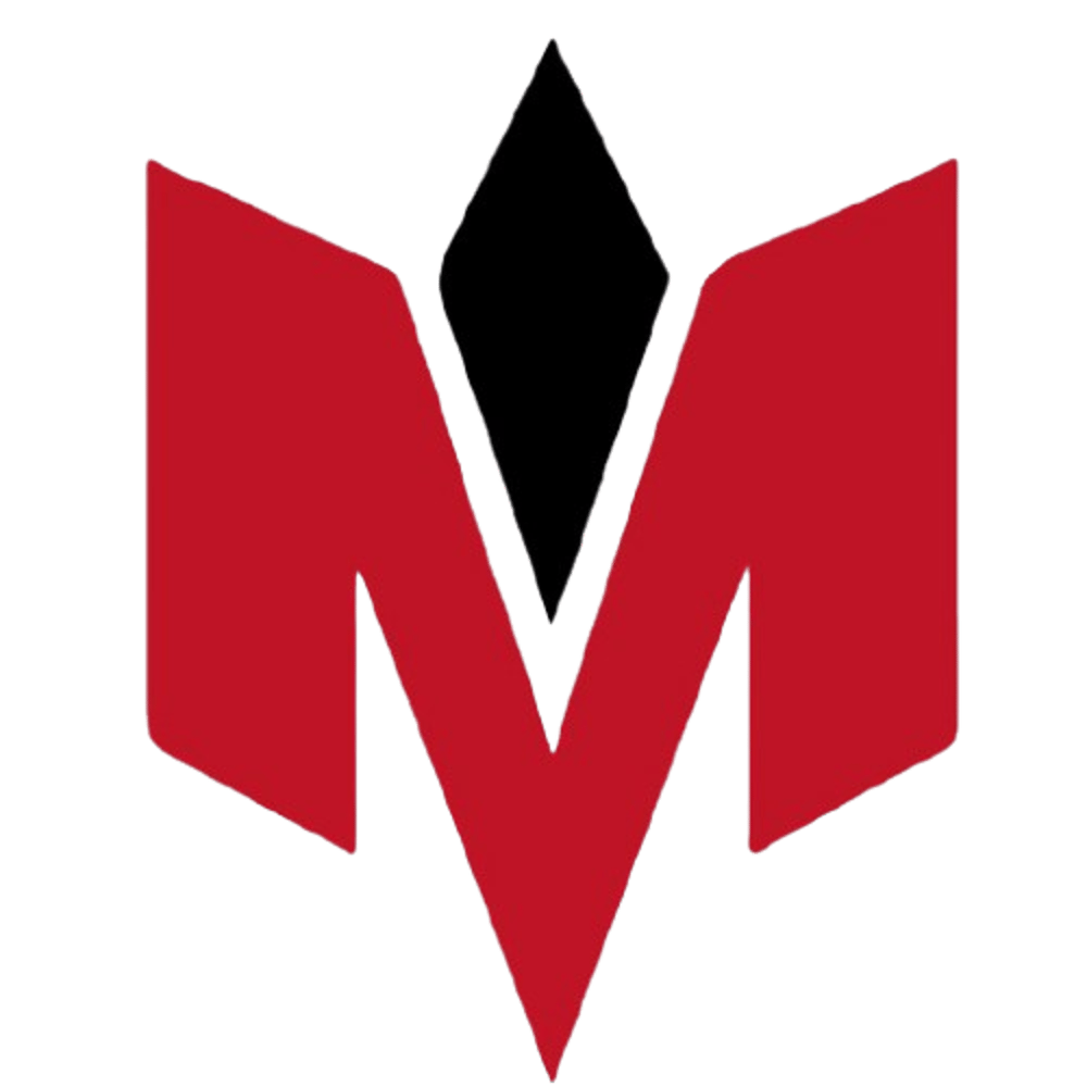 Ein stilisiertes, rotes Logo in Form des Buchstaben M mit scharfen Kanten auf schwarzem Hintergrund.