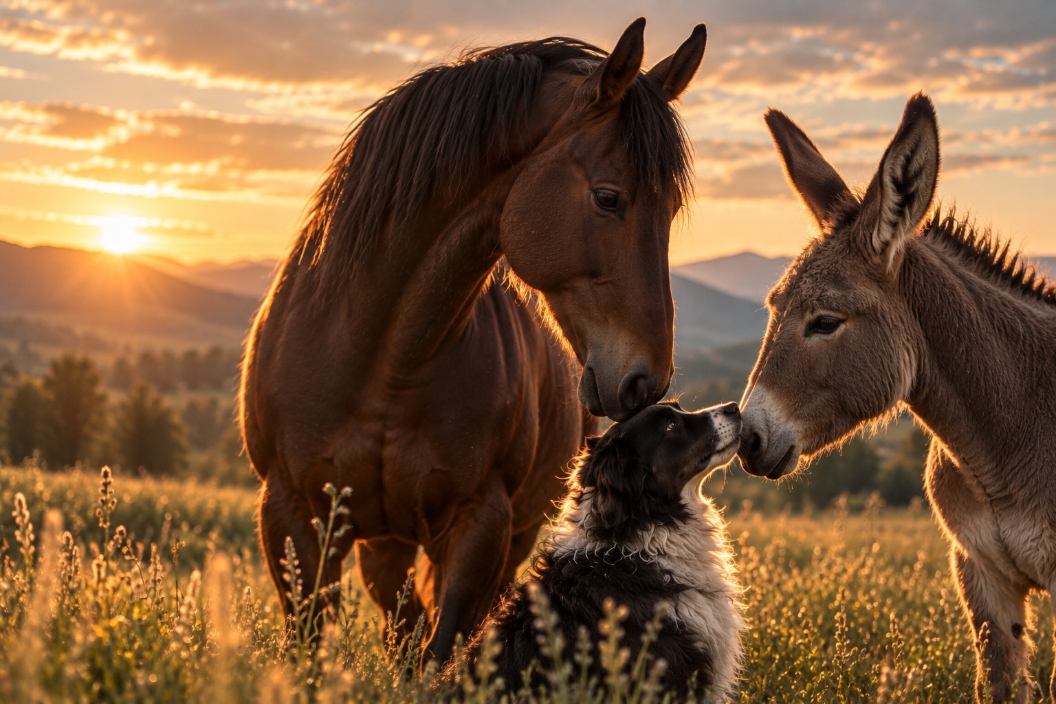 ELITEX for Animals: a horse, a dog and a donkey in front of a sunset in a meadow
