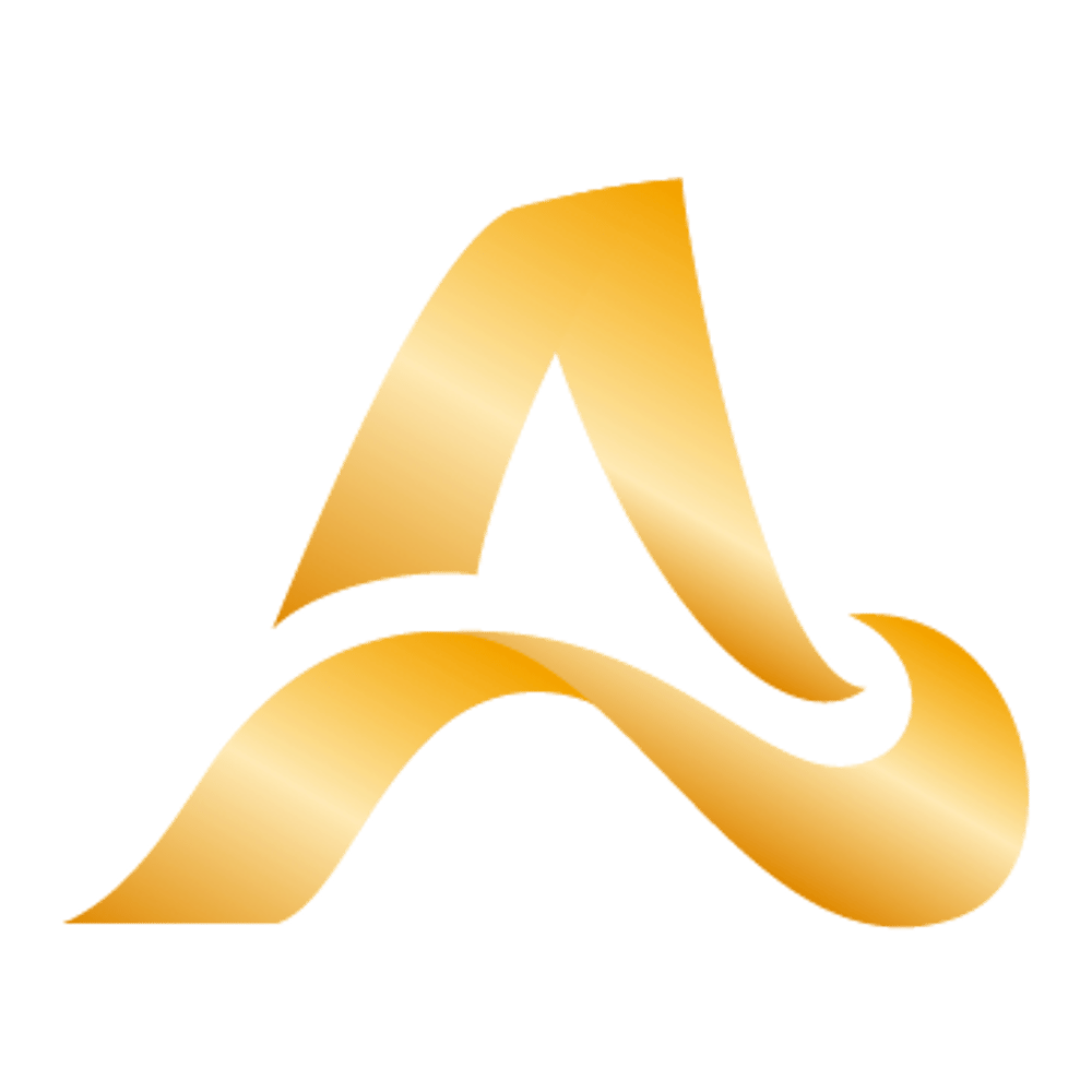 Ein stilisiertes, goldenes "A" mit fließenden Formen auf dunklem Hintergrund.