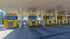 Vier gelbe ADAC Lastwagen tanken an einer Tankstelle.