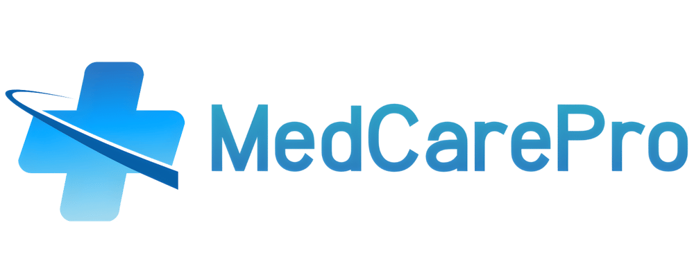 Blaues MedCarePro Logo mit einem stilisierten Kreuz und einem Bogen, der es umkreist.