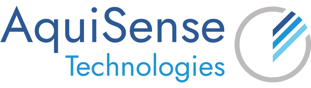 Aquisense Technologies Logo mit blauem Text und einem grauen Kreis mit drei blauen Streifen.