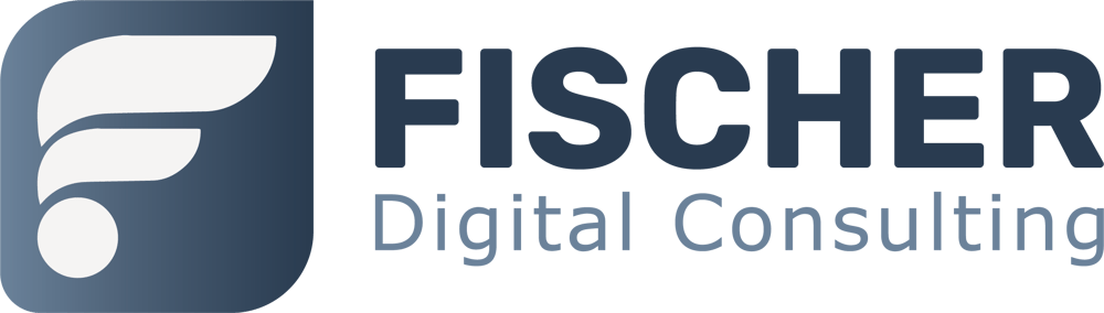 Fischer Digital Consulting Logo: stilisierter weißer Buchstabe "f" auf blauem Quadrat, daneben "FISCHER" und "Digital Consulting".