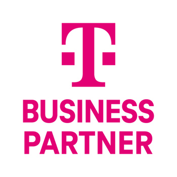 Magenta T-Logo der Telekom mit dem Schriftzug Business Partner auf weißem Hintergrund