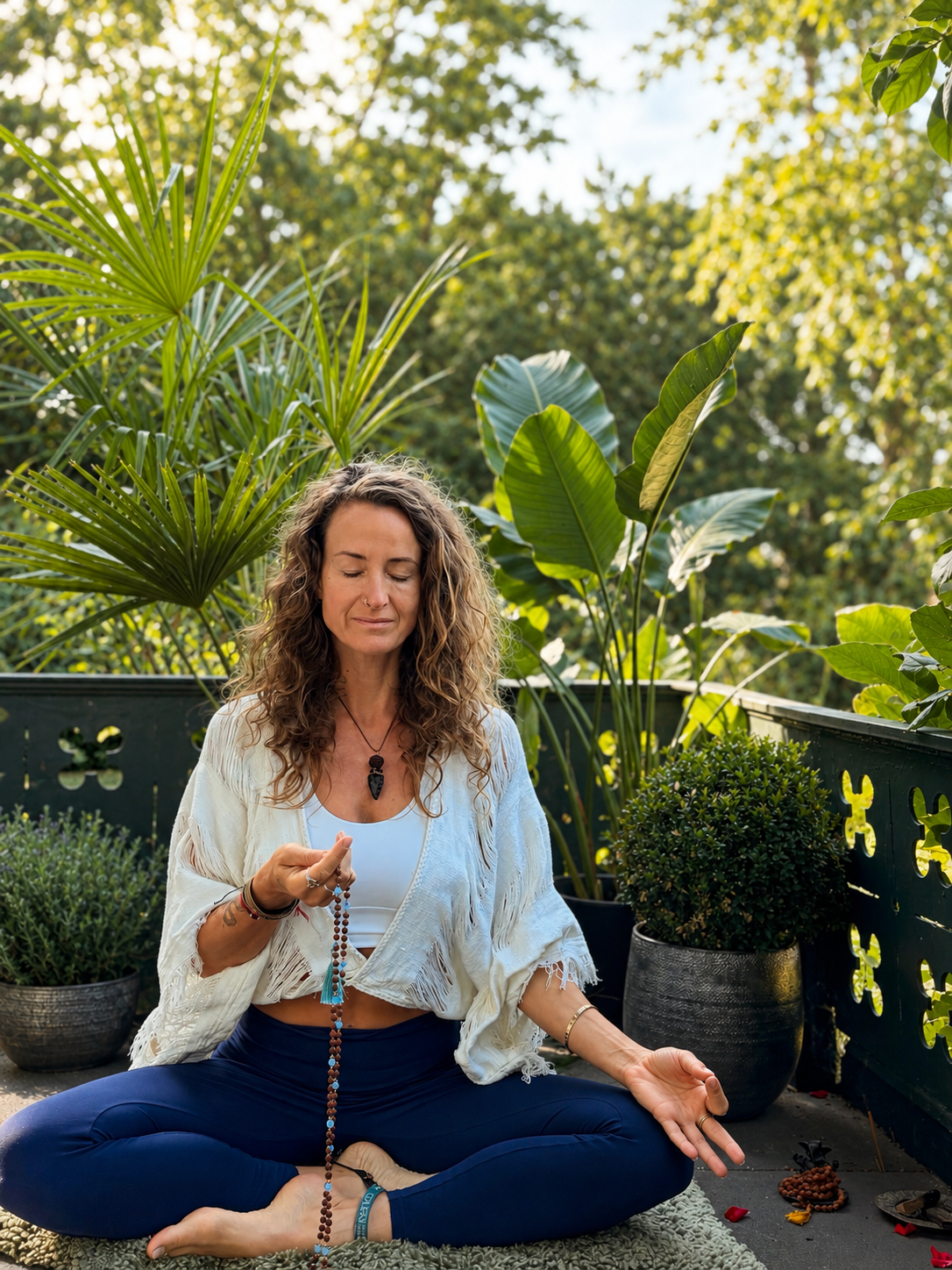 Nicole in Meditation mit einer Mala