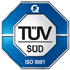 Blaues TÜV SÜD ISO 9001 Siegel mit Recycling-Symbol.
