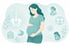 Illustration einer schwangeren Frau in sanften Pastellfarben mit medizinischen Symbolen für Rücken, Becken, Verdauung und Schwangerschaftsbeschwerden im minimalistischen Osteopathie-Stil.