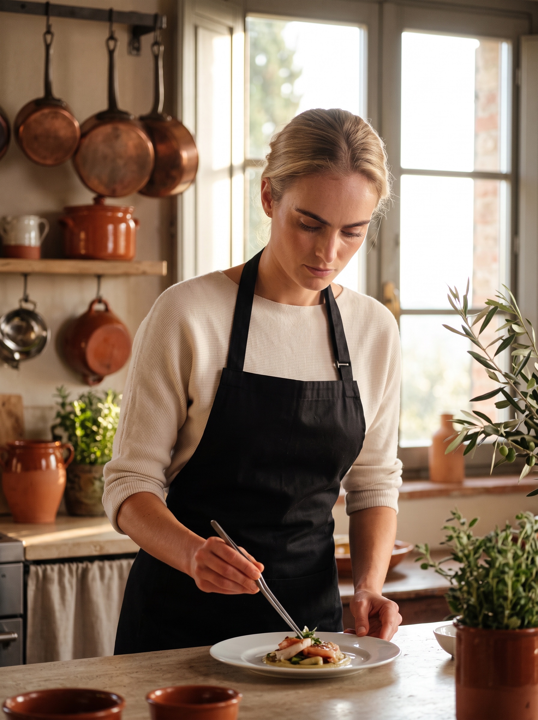 Charis Ahnert plating a dish in a sunlit kitchen