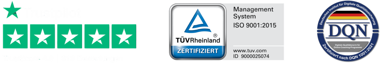 Trustpilot 4,8, TÜV Rheinland ISO 9001, DQN-zertifiziert, FOCUS Wachstums-Champion 2026