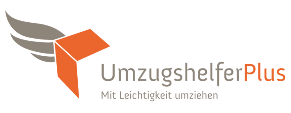 Logo: Orangefarbener Karton mit grauen Flügeln und Text „UmzugshelferPlus Mit Leichtigkeit umziehen“.