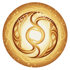 Goldenes kreisförmiges Symbol mit geschwungenen Linien und dem Text Zell-Magie sowie IloValo auf leuchtendem Hintergrund.