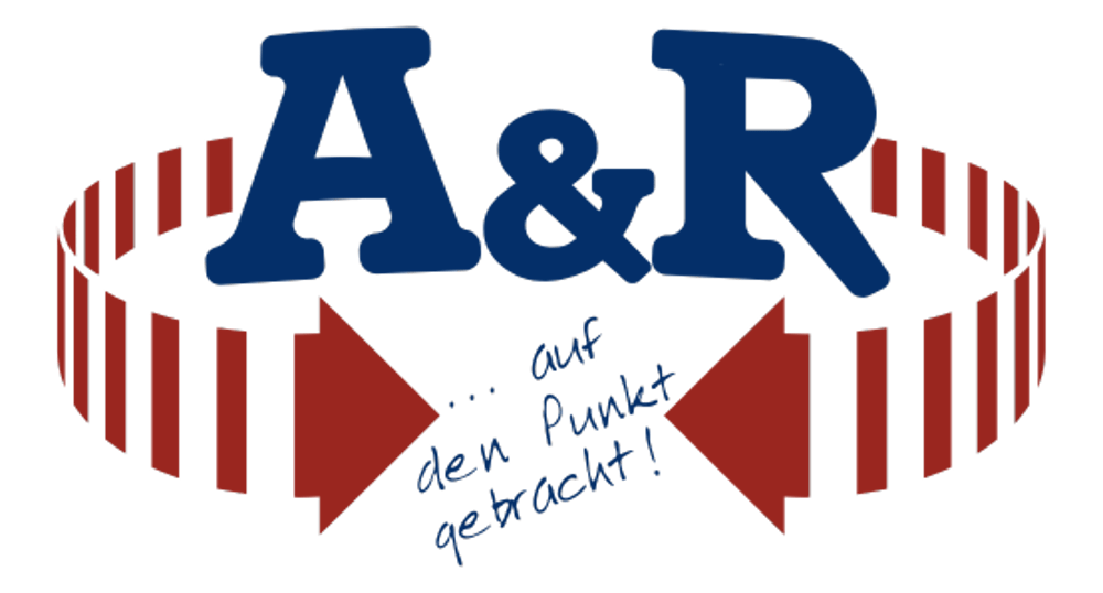 Blauer Text "A & R" über einem roten Kreis aus vertikalen Balken und Pfeilen mit der Aufschrift "... auf den Punkt gebracht!".
