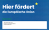 Blaues Schild: "Hier fördert die Europäische Union", mit EU-Stern und Empfängerdetails.