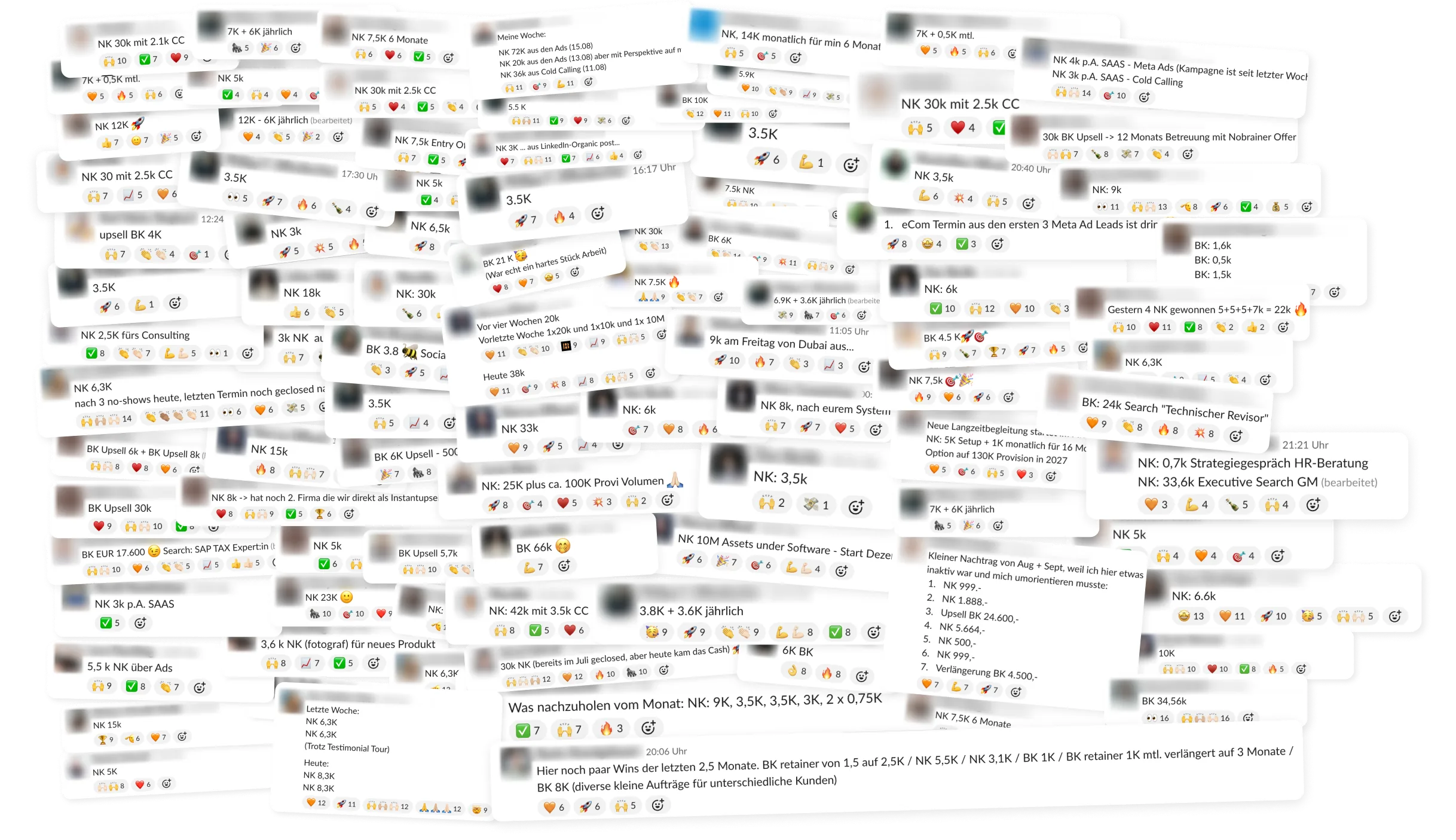 Collage aus echten Kunden-Nachrichten mit Neukunden-Erfolgen