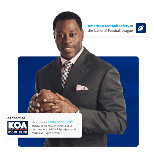 Endorsement card: an American football safety in the National Football League, as heard on KOA radio