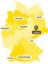 Karte Deutschlands mit markierten Städten Leipzig, Berlin, Hannover, Salzgitter, Düsseldorf, Hof, Friedrichshafen, Lörrach.
