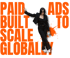 Woman in black suit with dark sunglasses, holding a cup, against orange text "CRYPTO ADS BUILT TO SCALE GLOBALLY".