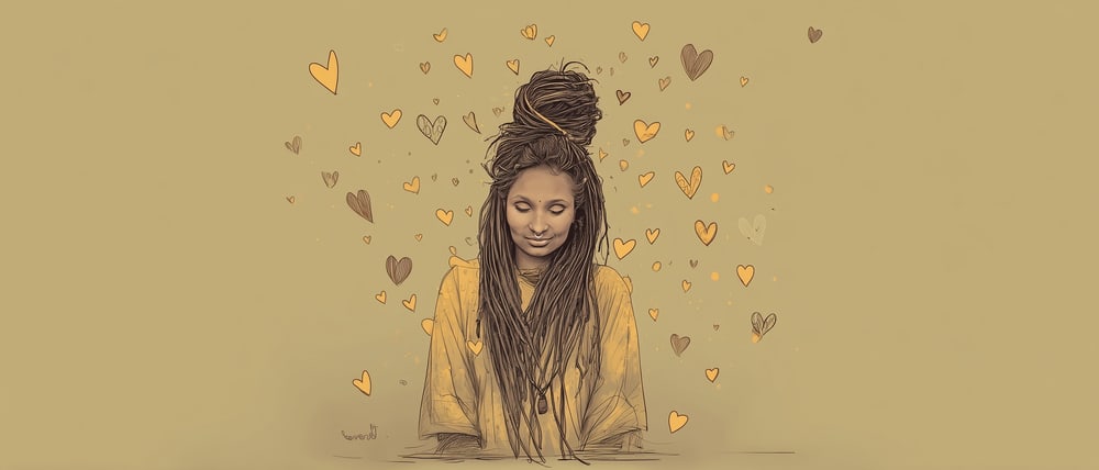 Illustration einer Person, umgeben von vielen Herzen
