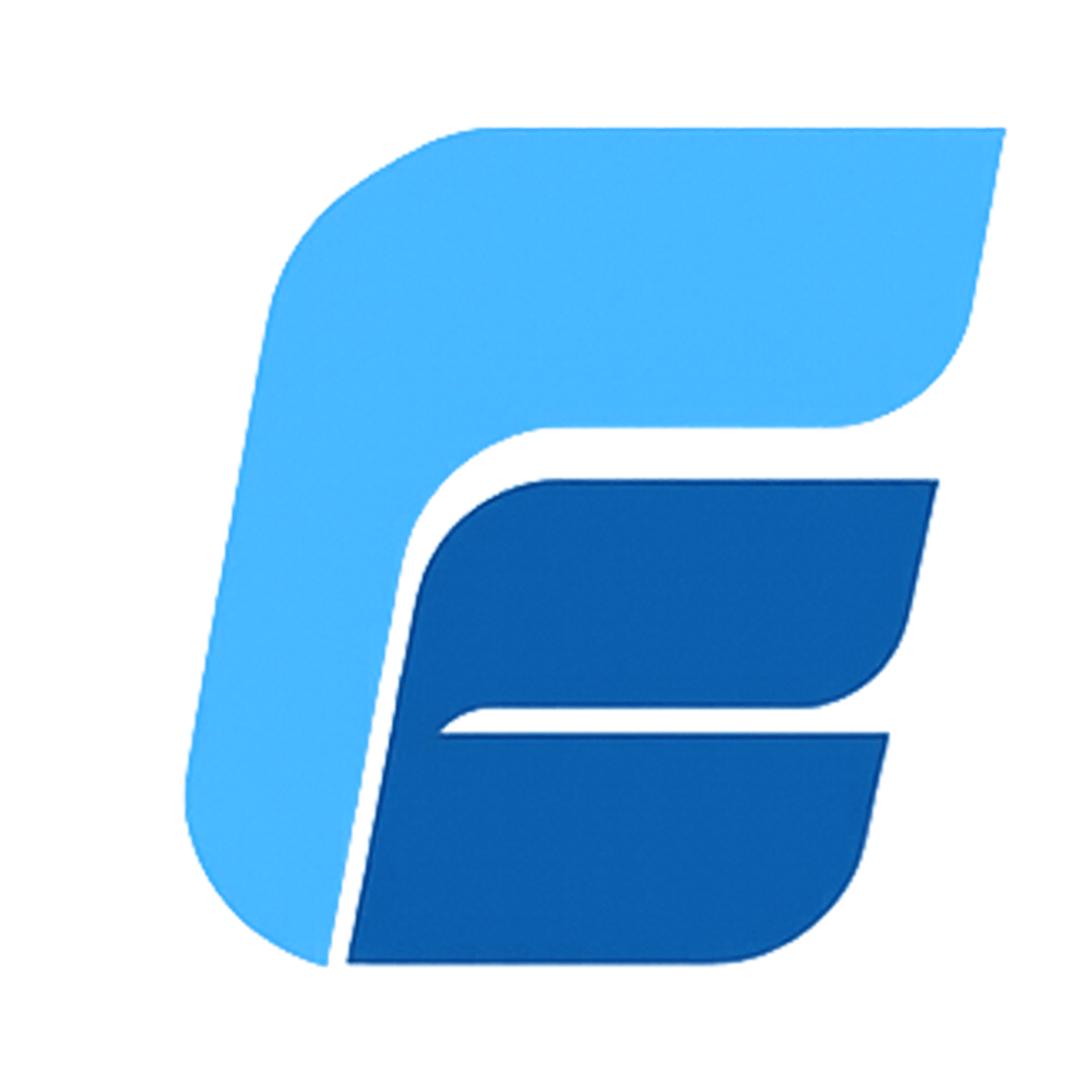 Stylisiertes blaues E-Logo mit hellblauem Oberteil und dunkelblauem Unterteil.