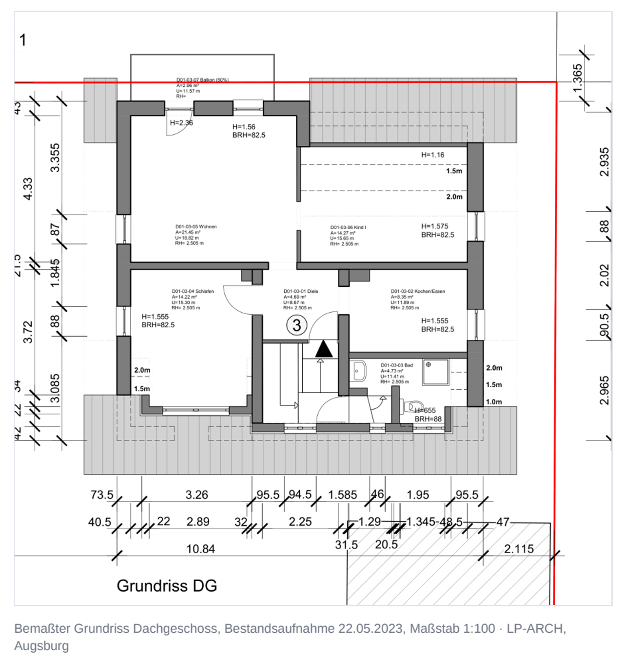 Bemaßter Grundriss Wohnung Nr. 3 im Dachgeschoss