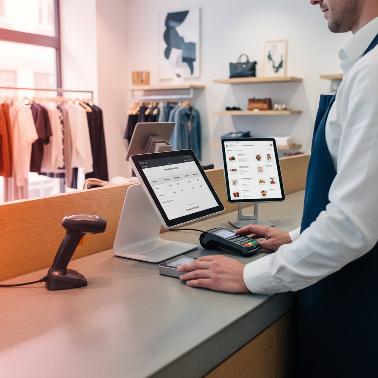 Kassenplatz mit Kartenterminal und Warenwirtschaft auf dem Tablet