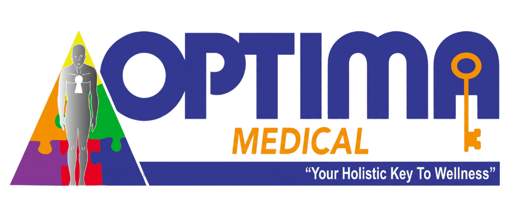 Optima Medical logo with a puzzle piece pyramid, human figure, and slogan: Your Holistic Key To Wellness.