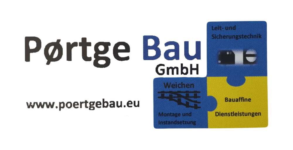 Pørtge Bau GmbH Logo mit Kontakt-URL und vier Puzzleteilen: Leit- und Sicherungstechnik, Weichen, Montageservice, Baudienstleistungen.