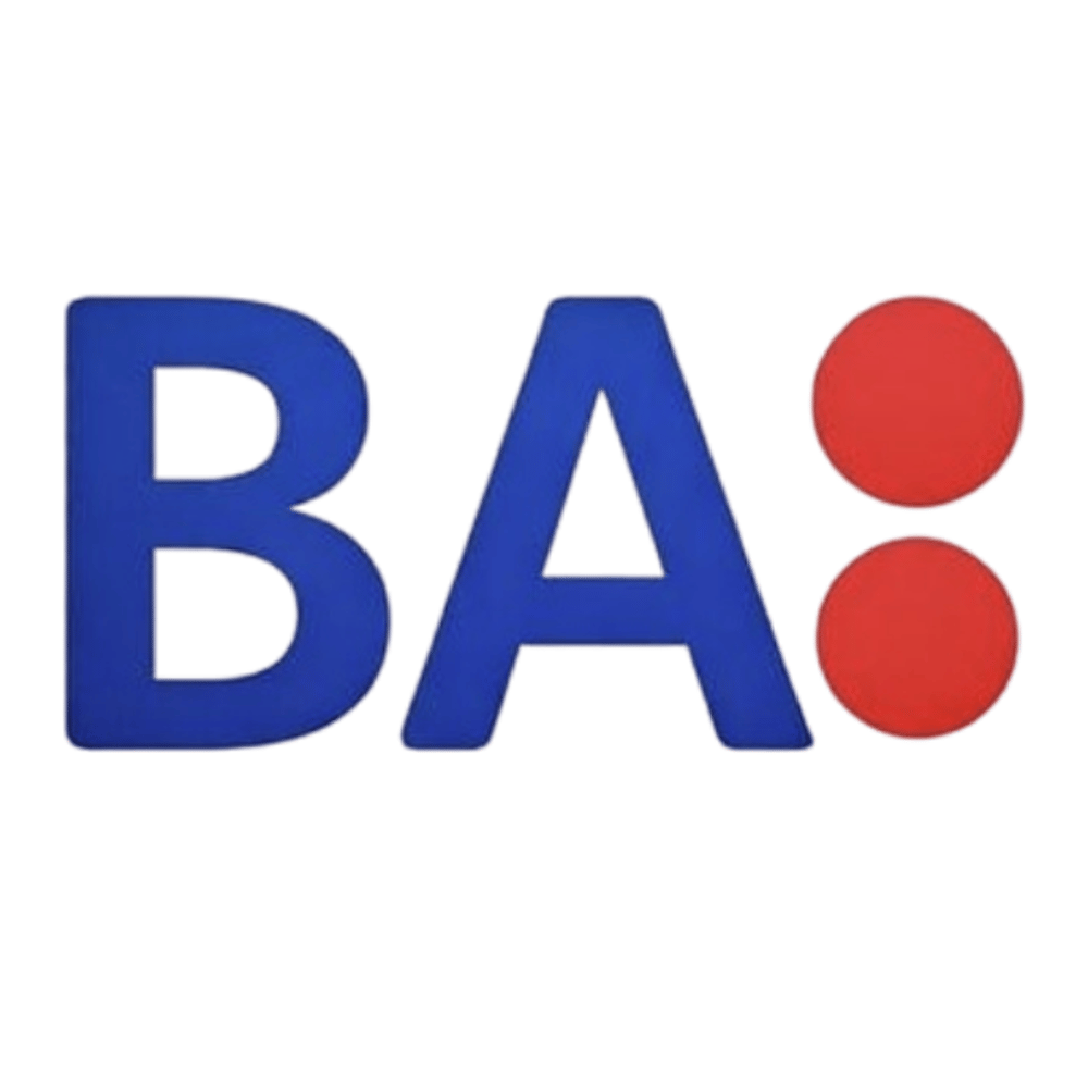 Blauer Schriftzug „BA“ und zwei rote Kreise vertikal angeordnet.